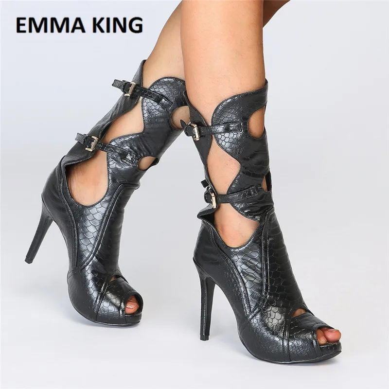 EMMA KING Chic Gladiator Summer Sandals Peep Toe Leather Mid-calf High Heel Boots Ladies Sexy Cut-outs Boots Woman Dress Shoes 
EMMA KING Chic Gladiator Summer Sandals Peep Toe Leather Mid-calf High Heel Boots Ladies Sexy Cut-outs Boots Woman Dress Shoes