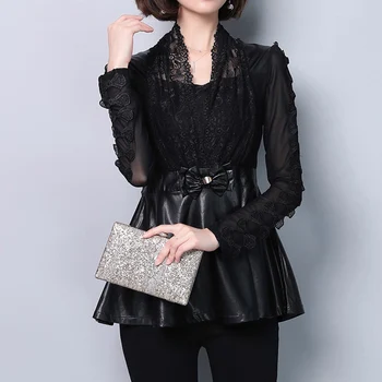 Black Lace Blouse Women Long Sleeve Peplum Tops Casual Elegant Lady Pu Leather Shirts v Neck Bow Ruffles Blouses Female Clothes
Black Lace Blouse Women Long Sleeve Peplum Tops Casual Elegant Lady Pu Leather Shirts v Neck Bow Ruffles Blouses Female Clothes