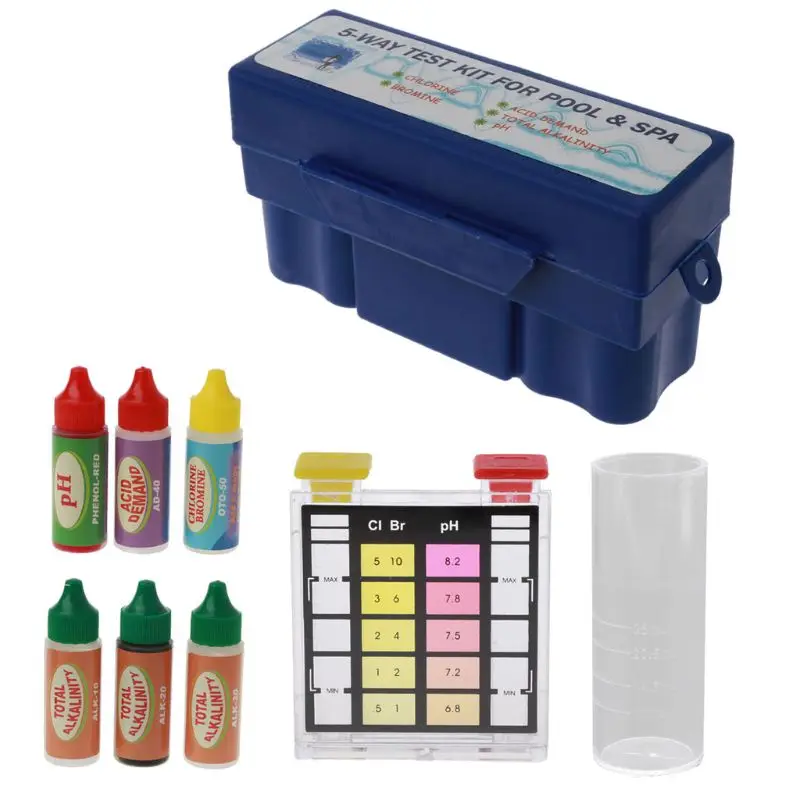 5-Way Test Kit Pool Swimming Pool Spa Water Chemical Test Case Kit for Chlorine Ph Bromine Alkalinit Acid Demand Test
5-Way Test Kit Pool Swimming Pool Spa Water Chemical Test Case Kit for Chlorine Ph Bromine Alkalinit Acid Demand Test
