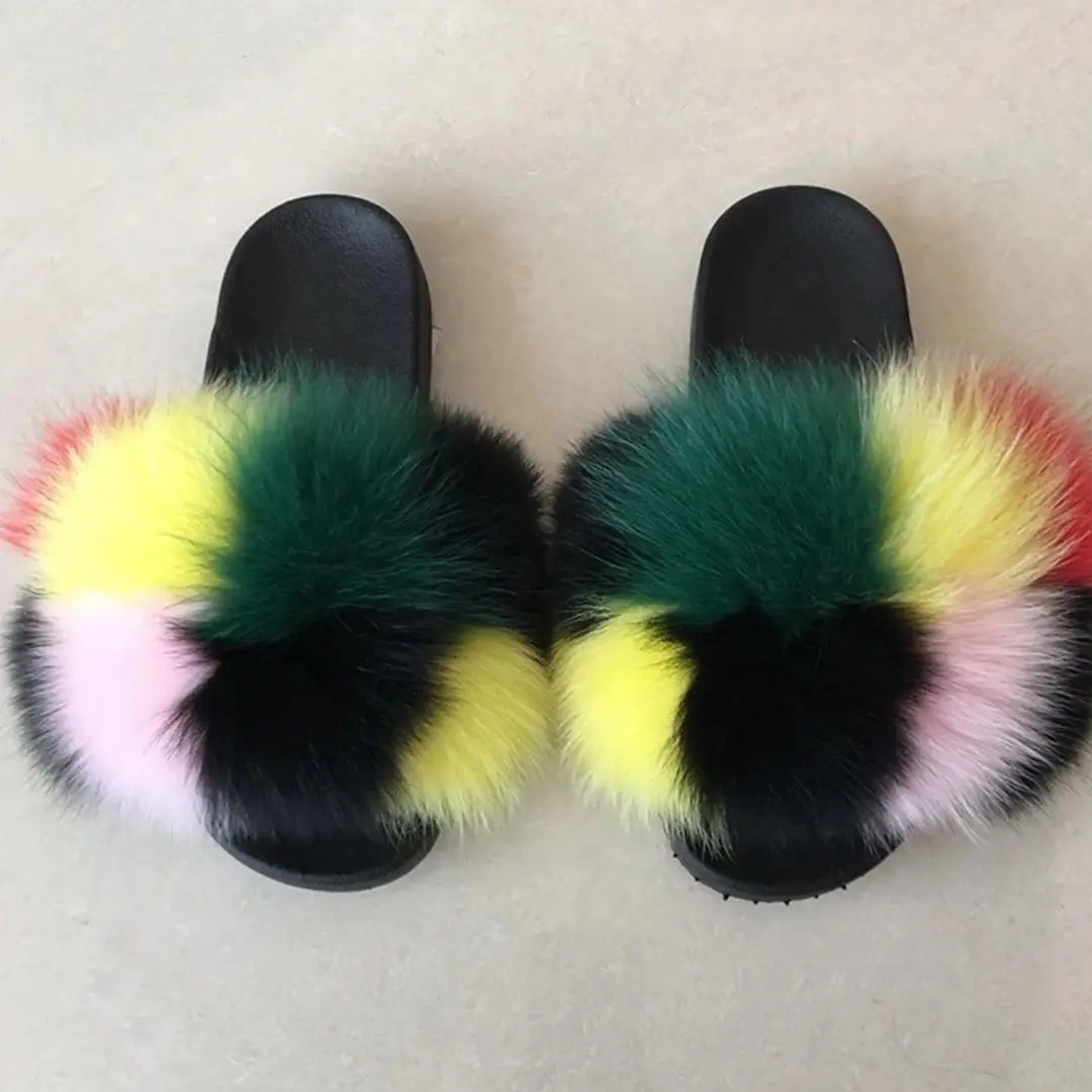 

Real Fox Fur Slides Furry Indoor Slippers Women Home Shoes Woman Fluffy Flat Sandals Summer Designer Brand 2020 New Plus Size