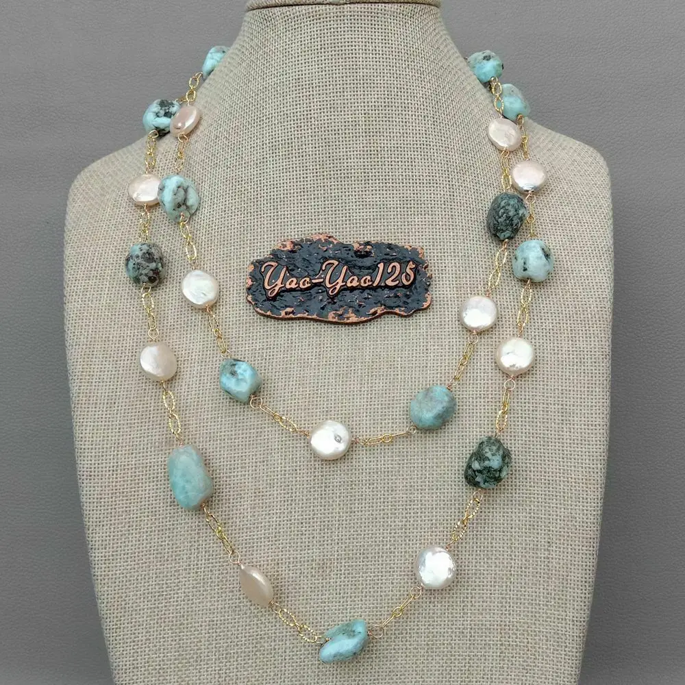 49'' Freshwater Coin Pearl Natural Blue Larimar Chain Long Necklace
49'' Freshwater Coin Pearl Natural Blue Larimar Chain Long Necklace