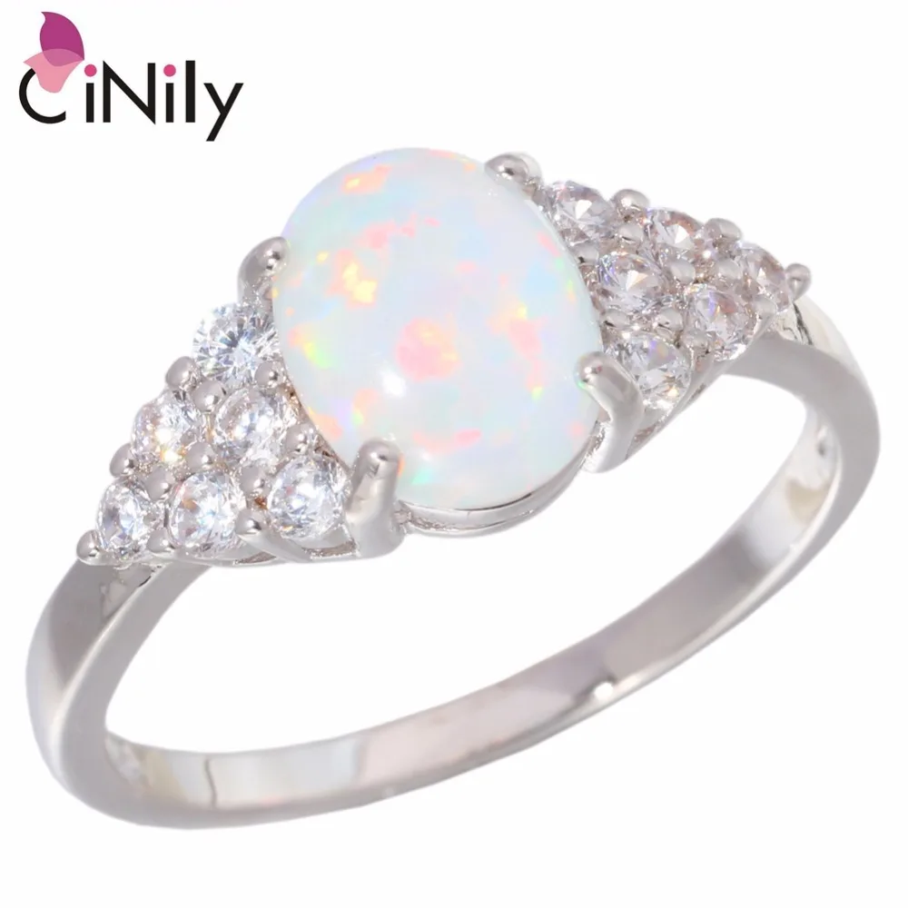 Женское посеребренное кольцо CiNily подарочное с белым огненным опалом и фианитом