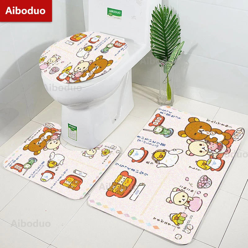 

Aiboduo Kawaii Bear Non Slip 3pcs/set Toilet Lid Cover Set Carpet Cartoon BathMat Restroom Rug Girly High-end Home Decoration