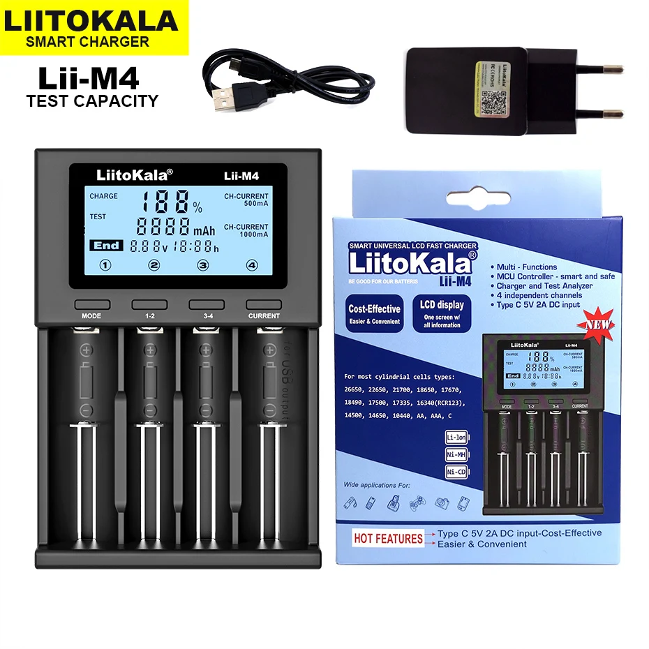 2020 NEW LiitoKala Lii-M4 18650 Charger LCD Display Universal Smart Charger Test capacity for 26650 18650 21700 AA AAA,etc.
2020 NEW LiitoKala Lii-M4 18650 Charger LCD Display Universal Smart Charger Test capacity for 26650 18650 21700 AA AAA,etc.