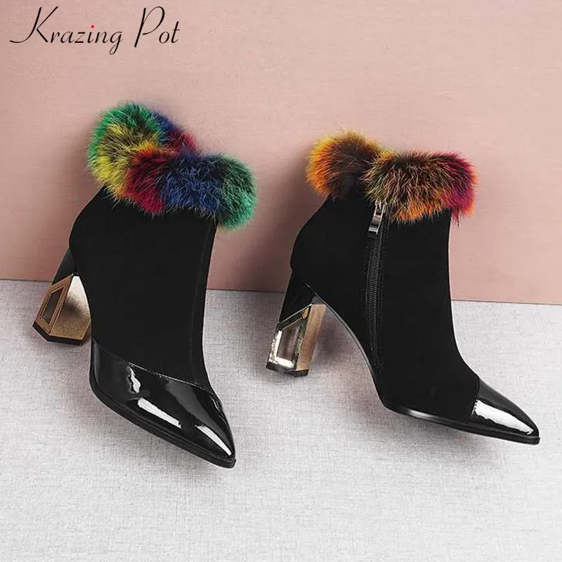 krazing pot rainbow rabbit fur soft sheep suede super high heels pointed toe winter keep warm women fashion new ankle boots L95
krazing pot rainbow rabbit fur soft sheep suede super high heels pointed toe winter keep warm women fashion new ankle boots L95