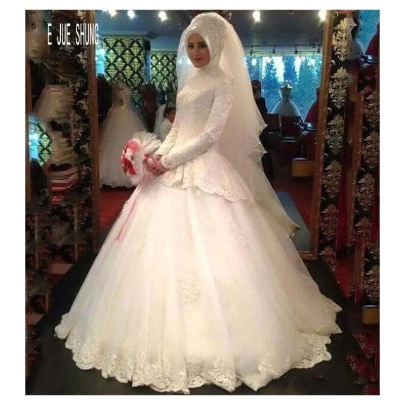 

E JUE SHUNG Vintage Long Sleeves Lace Muslim Wedding Dresses High Neck Arabic Ball Gown Bridal Gowns Appliques