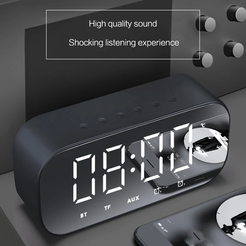 Hot Sale Bluetooth Speaker with FM Radio LED Mirror Alarm Clock Subwoofer Music Player Snooze Desktop Clock Wireless Black
Hot Sale Bluetooth Speaker with FM Radio LED Mirror Alarm Clock Subwoofer Music Player Snooze Desktop Clock Wireless Black