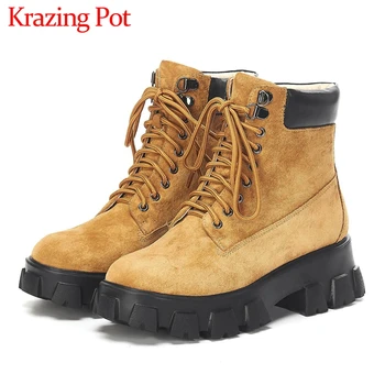 Krazing Pot breathable soft genuine leather ankle boots round toe thick bottom lace up winter warm women rock fashion shoes L3f3
Krazing Pot breathable soft genuine leather ankle boots round toe thick bottom lace up winter warm women rock fashion shoes L3f3