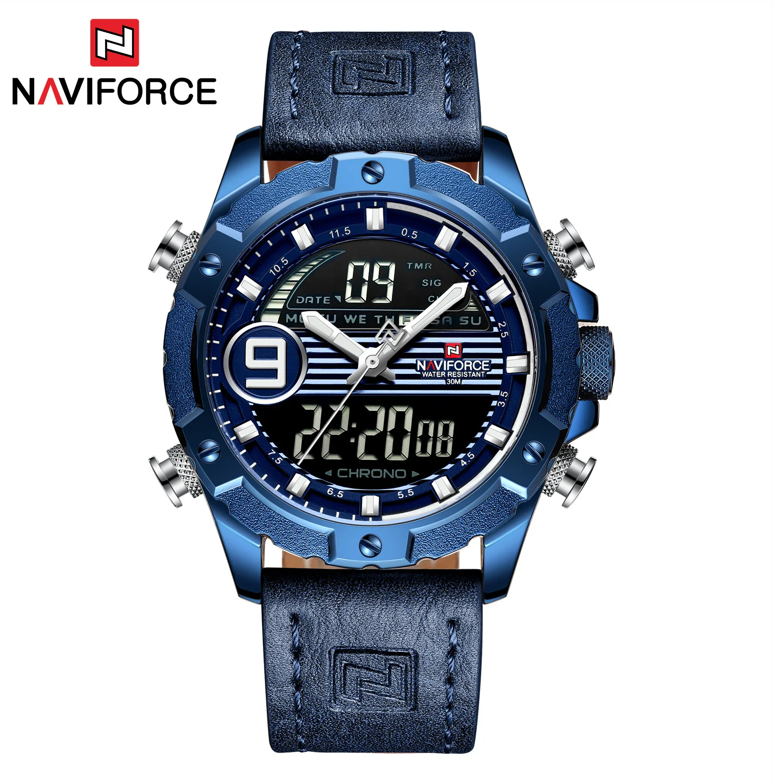 

Naviforce Xiang 9146 Leather Strap Watch Casual Sports MEN'S Watch Waterproof Quartz Watch Double Inserts Electronic Watch