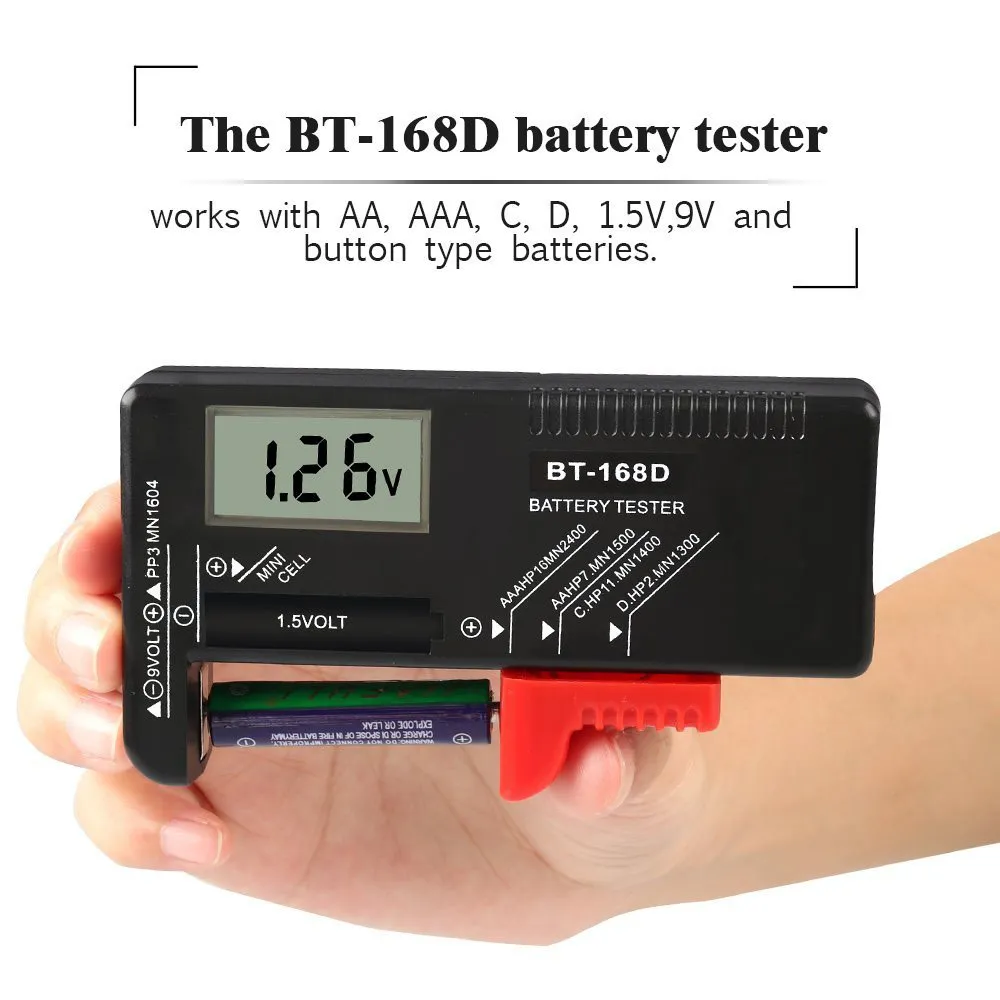 

BT-168D Portable Digital Battery Tester Volt Checker for 9V 1.5V Button Cell Rechargeable AAA AA C D Universal Battery Teste