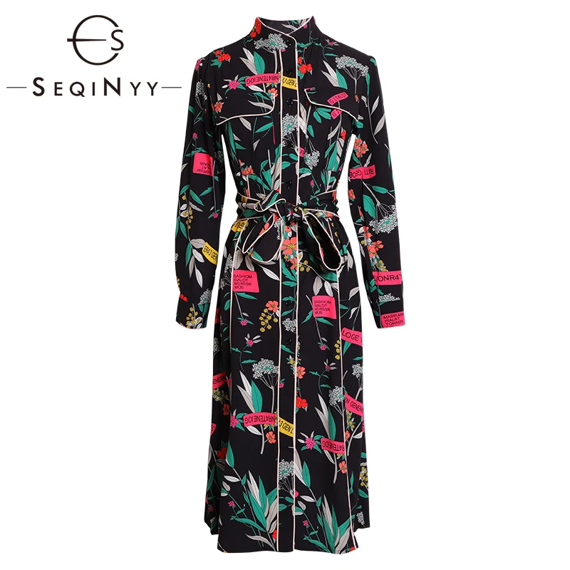 

SEQINYY Black Dress 2020 Early Spring New Fashion Design Women Long Sleeve Flowers Letter Print Midi Casual