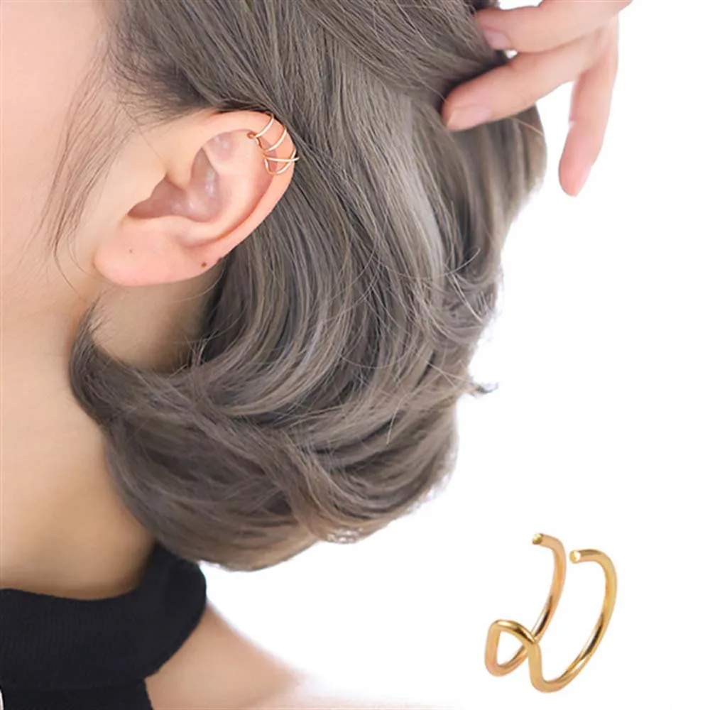 5Pcs/Set Women Ear Cuff Clip On Fake Cartilage Non-Piercing Gold Charm Earrings 