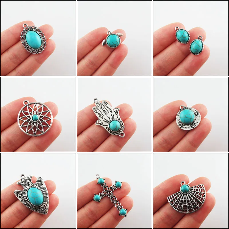 

New Turquoise Stone Charms Flower Fans Animal Palm Shield Tibetan Silver Plated Pendants Retro