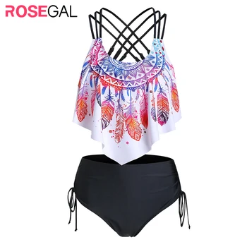 

ROSEGAL Women Feather Print Strappy Pointed Hem Tankini Swimwear Spaghetti Straps Wire Free Padded Swimsuit Bohemian Summer