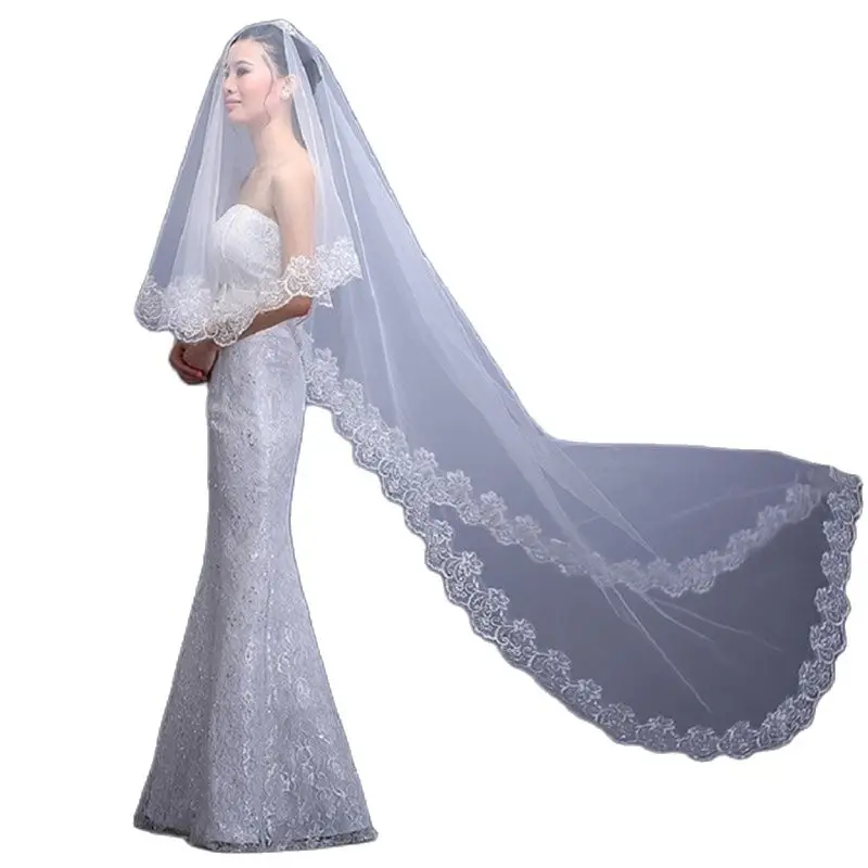 

3M One Layer Lace Edge White Cathedral Marriage Long Bridal Veil Cheap Wedding Accessories Bride