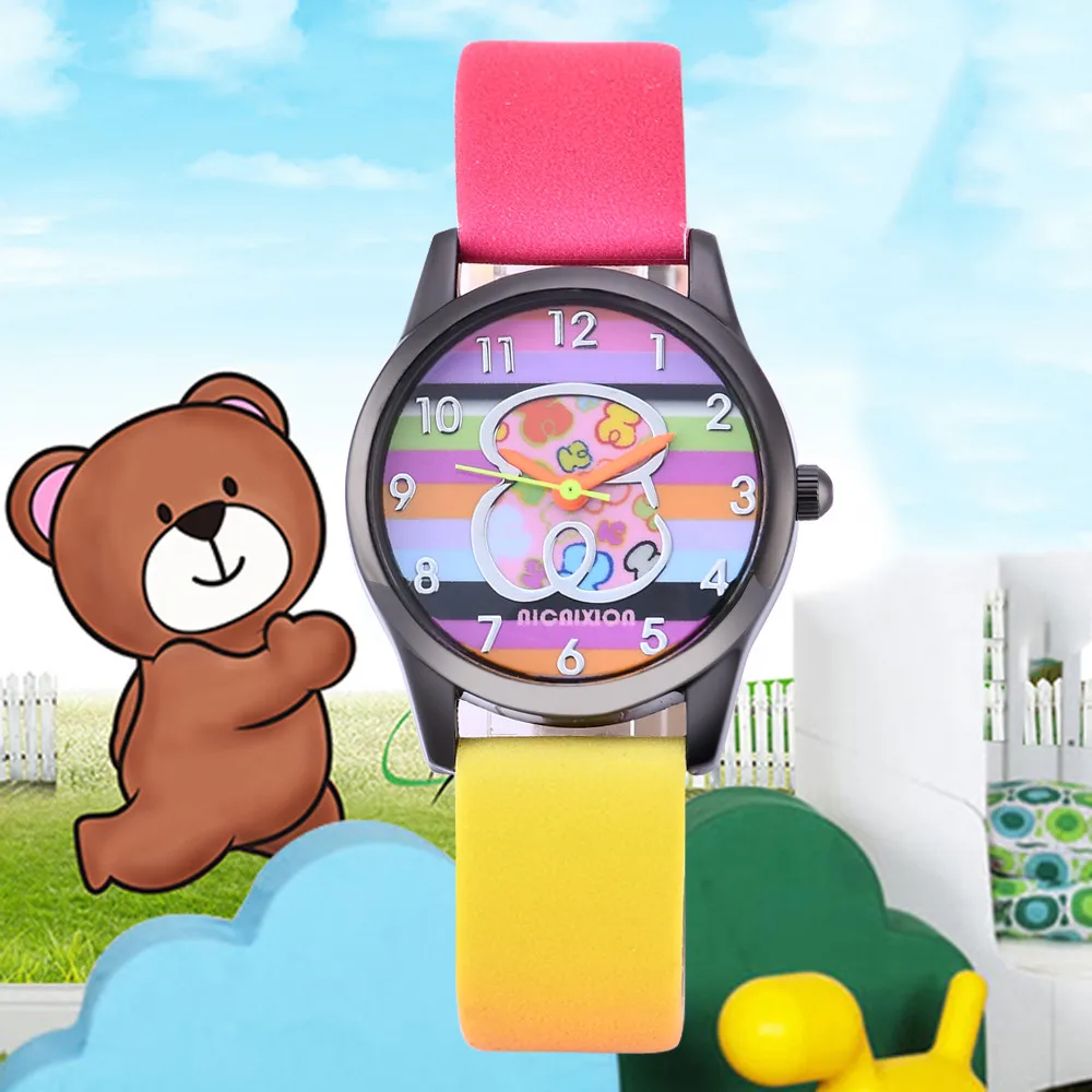 

Cute Little Bear Pattern Kids Watch Stylish Colorful Numbers Quartz Child Watches Casual Gradient Color Leather Strap Students