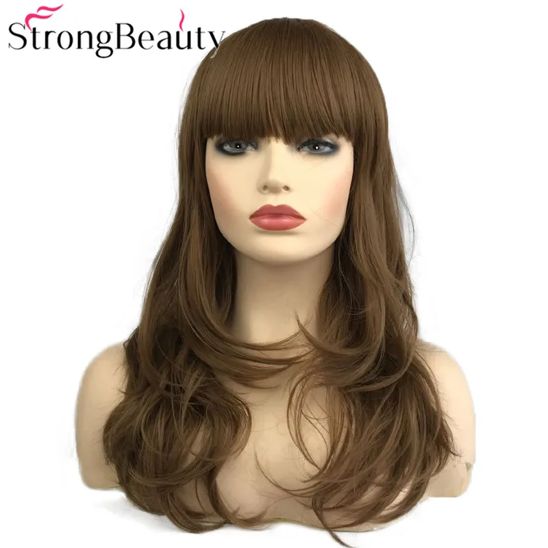 

StrongBeauty Long Wavy Wigs with Neat Bang Women's Synthetic Wig Dark Brown/Medium Auburn Hair Natural Wigs