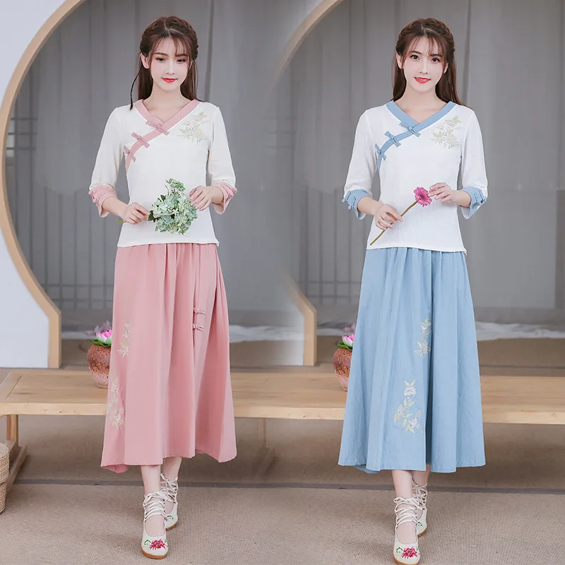 Spring And Summer New Style WOMEN'S Dress Cotton Linen Embroidered Frog Contrast Color Tops + Skirt Two-Piece Set
Spring And Summer New Style WOMEN'S Dress Cotton Linen Embroidered Frog Contrast Color Tops + Skirt Two-Piece Set