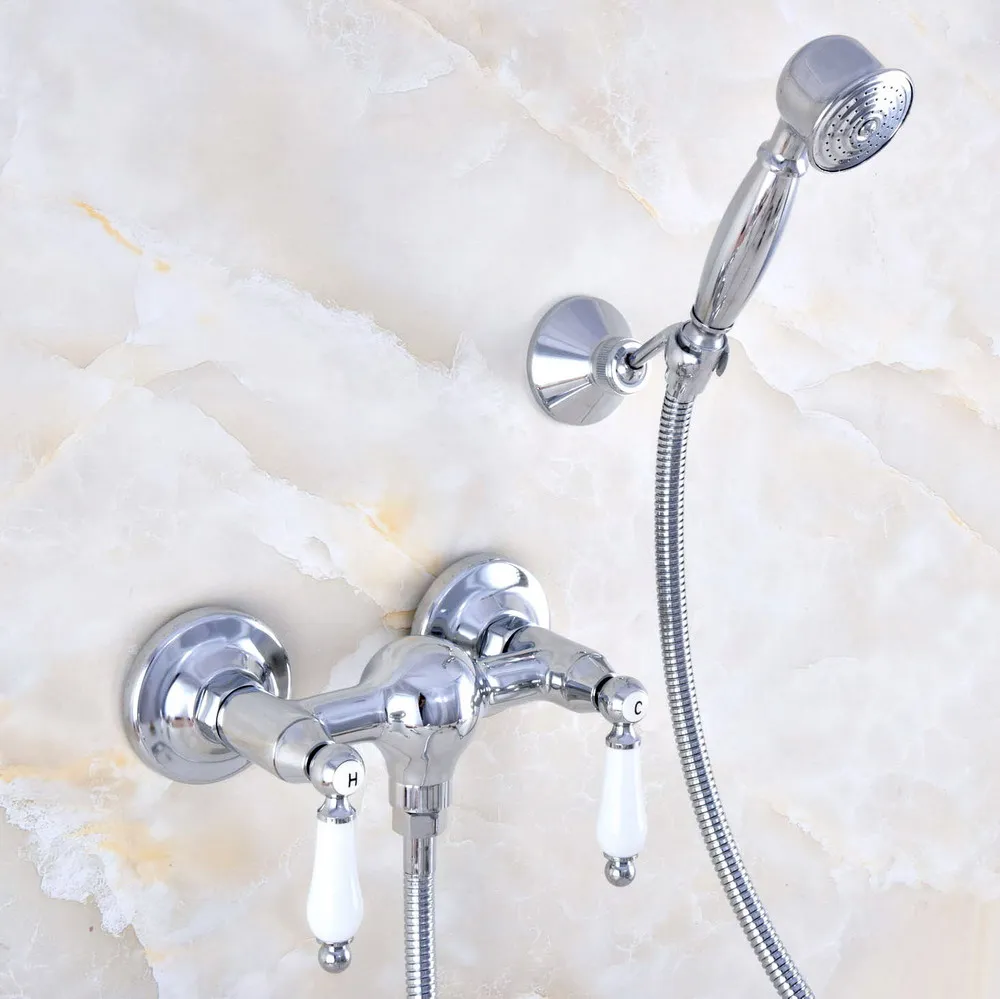 

Contemporary Polished Silver Chrome Brass Wall Mounted Bathtub Faucet with Handheld Shower Set +150CM Hose Mixer Tap 2na786