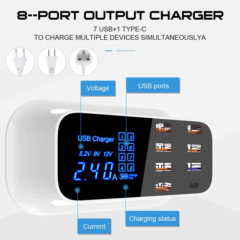 Multi-Port USB Charger 8-Port Desktop Charging Station Hub with LCD Display, 7 USB+1 Type-C
Multi-Port USB Charger 8-Port Desktop Charging Station Hub with LCD Display, 7 USB+1 Type-C