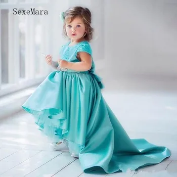 Lovely High Low Satin Flower Girl Dress with Lace Cap Sleeves Crystals Belt Bow Turquoise Kids Birthday Party Gowns Custom Made
Lovely High Low Satin Flower Girl Dress with Lace Cap Sleeves Crystals Belt Bow Turquoise Kids Birthday Party Gowns Custom Made