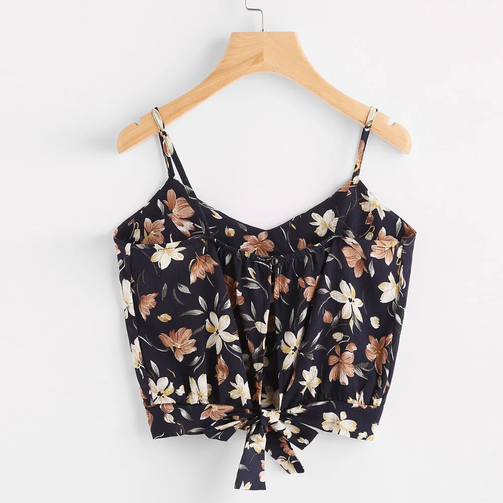 Sexy Tank Tops Women Self Tie Back de mujer V Neck Print Floral Crop Cami Top Camisole Blouse Summer For | Женская одежда