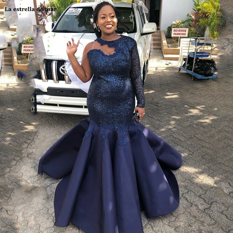 African Evening Dresses Sequined Top Appliques Sequins Mermaid Navy Blue Prom Dress One Shoulder Full Sleeves abendkleider
African Evening Dresses Sequined Top Appliques Sequins Mermaid Navy Blue Prom Dress One Shoulder Full Sleeves abendkleider