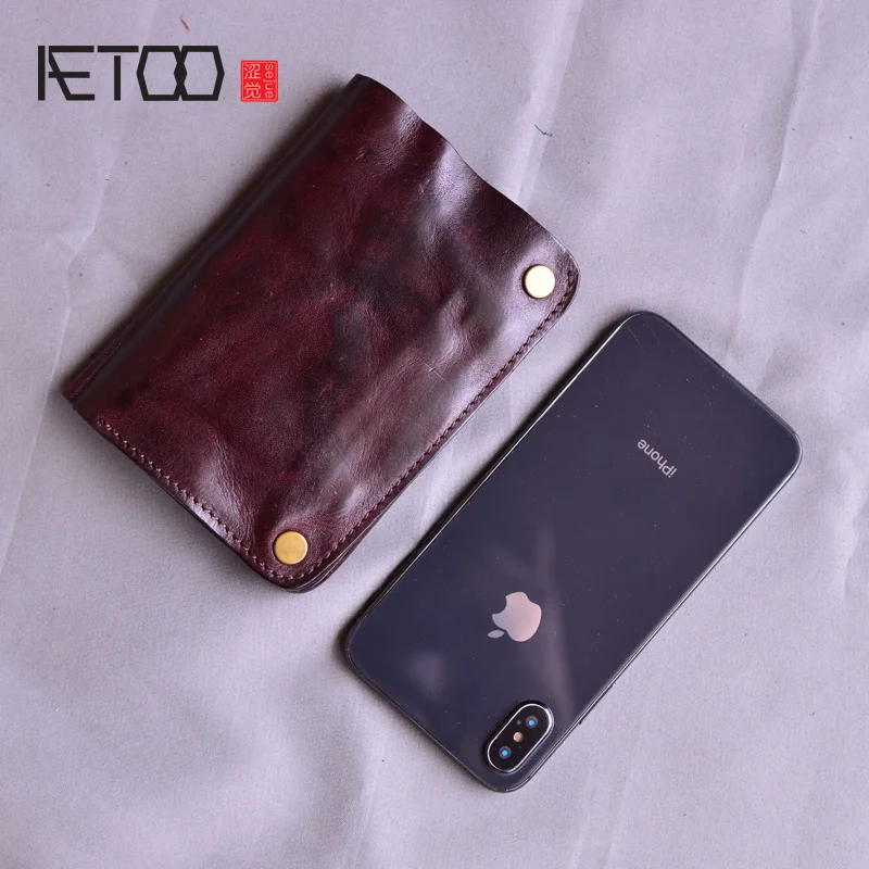 

AETOO Retro top layer cowhide card holder, leather hand-polished coin purse, men's and women's casual snap zipper wallet