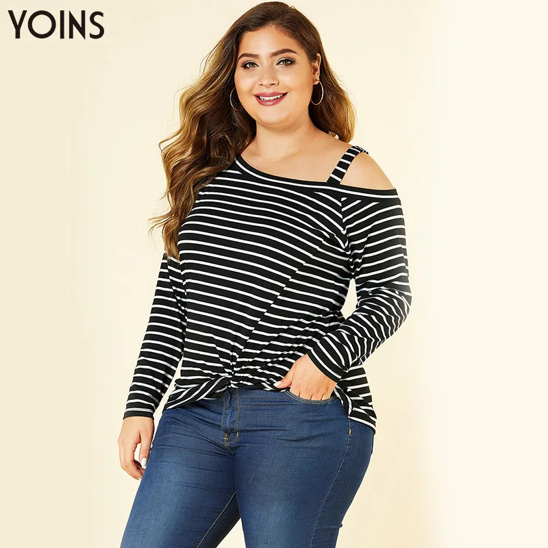 

YOINS Autumn Winter Women Blouses Shirts Stripe Cold Shoulder Twisted Blouse Casual Female Tops Plus Size 3XL blusas Femme