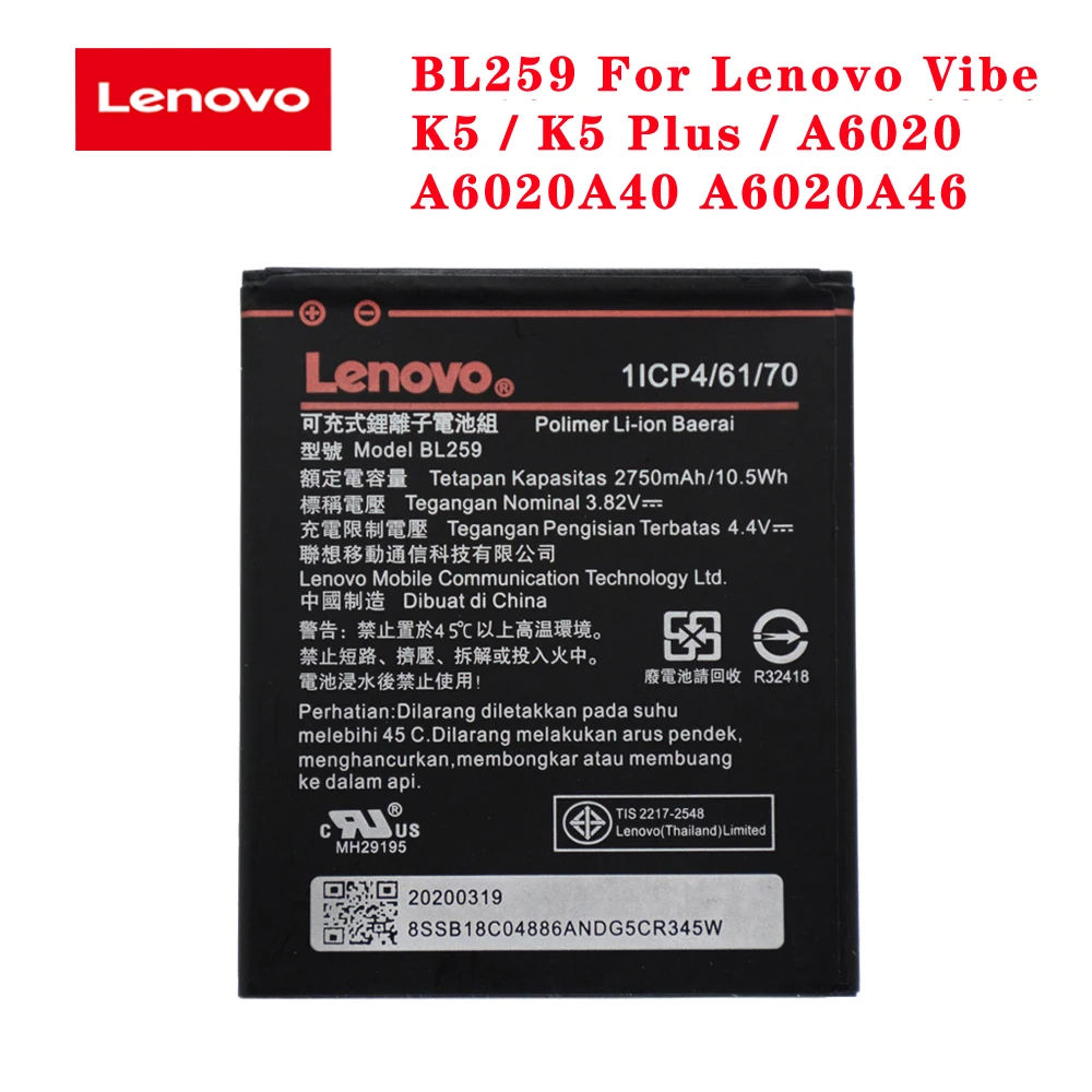 New Original BL259 For Lenovo Vibe K5 / K5 Plus / A6020 A6020A40 A6020A46 2750mAh Real Capacity Replacement Phone Batteria
New Original BL259 For Lenovo Vibe K5 / K5 Plus / A6020 A6020A40 A6020A46 2750mAh Real Capacity Replacement Phone Batteria