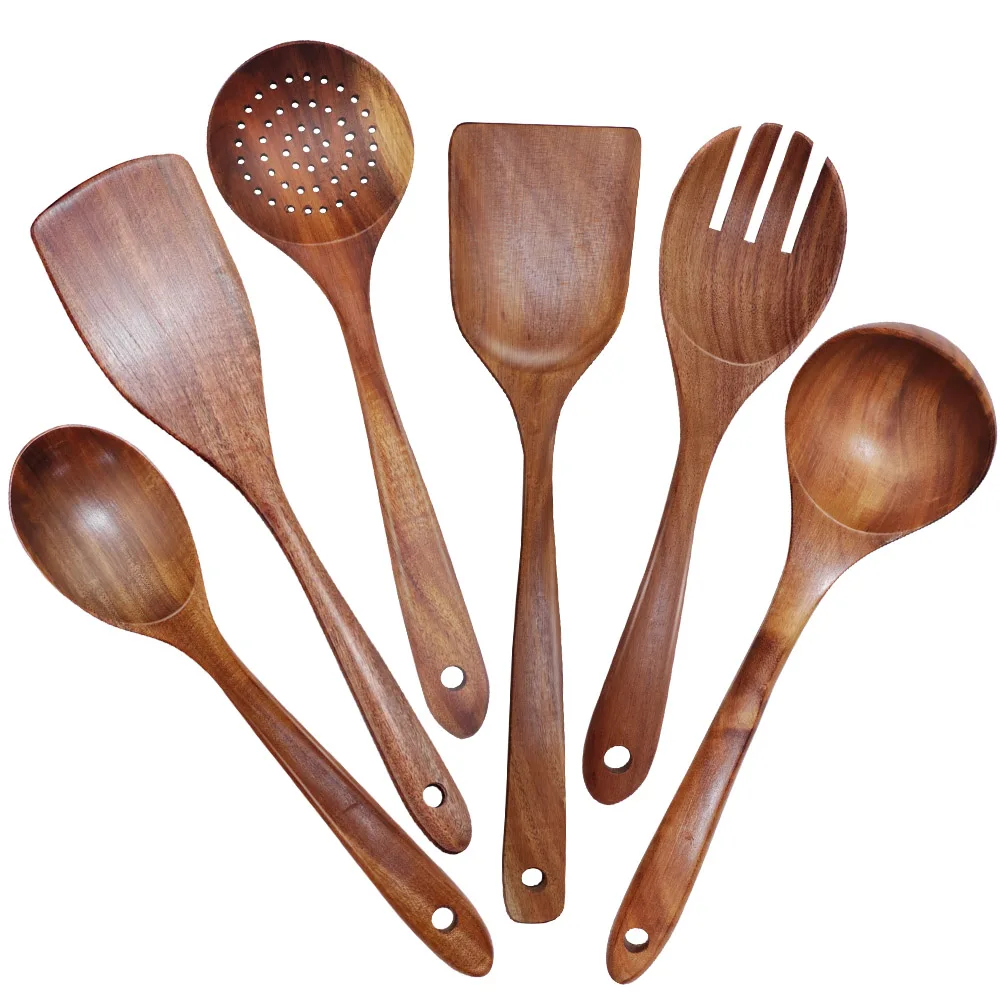 

Natural Wood Thailand Teak Tableware Spoon Ladle Turner Long Rice Colander Soup Skimmer Cooking Spoons Scoop Kitchen Tool Set
