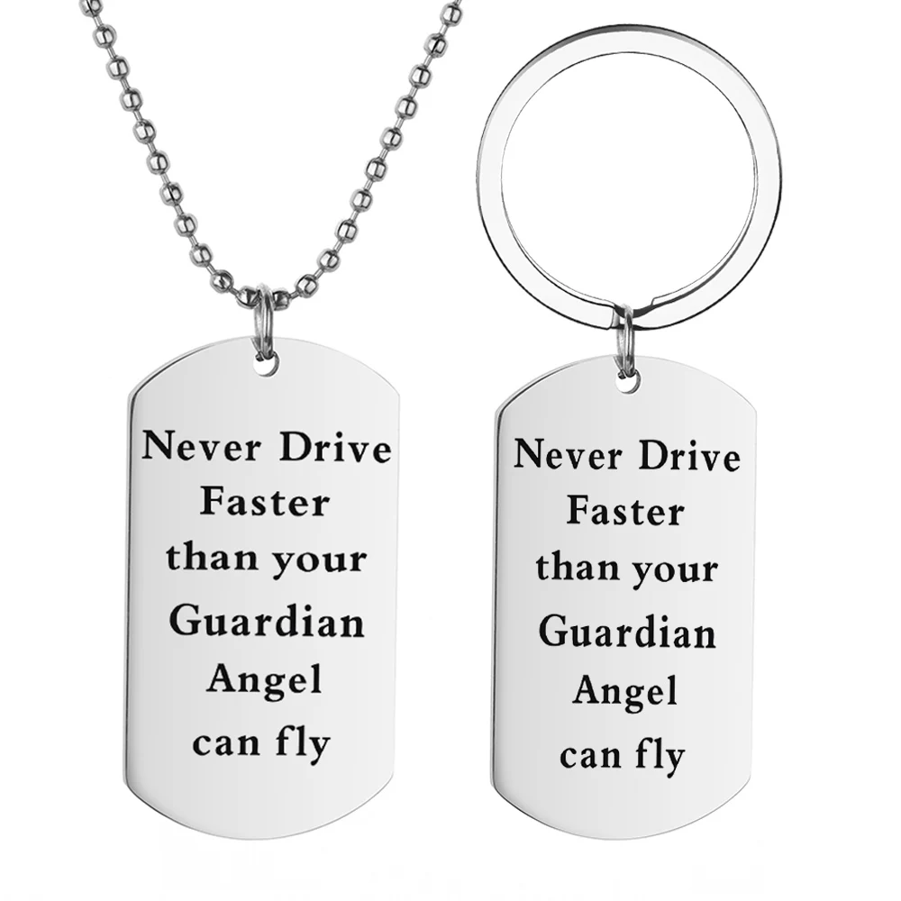 

Fashion Stainless Steel Keychain Necklace Lettering Never Drive Faster Drive Safe to Family Friends Gift DIY Custom Wholesale
