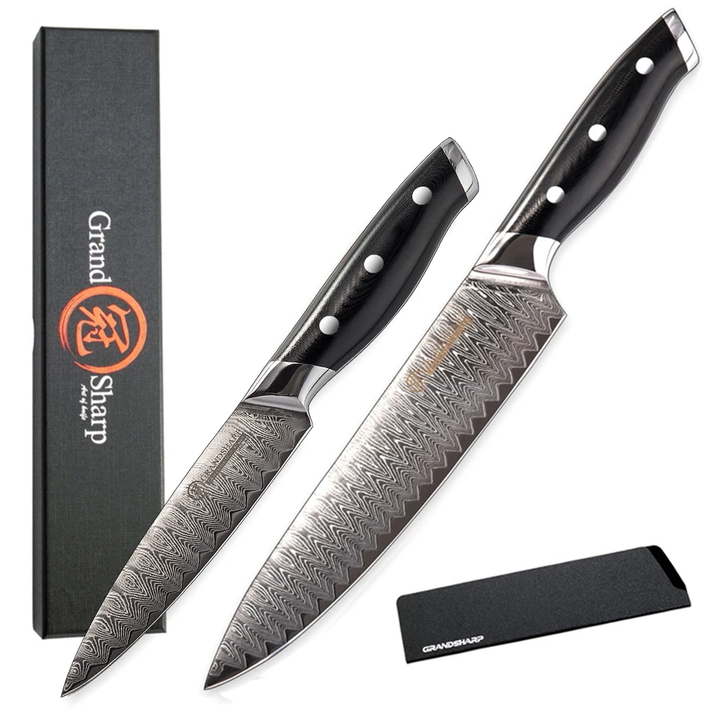 GRANDSHARP Damascus Knife Sets 2 Pcs Chef Kitchen Knives 67 Layers VG10 Japanese Damascus Steel Utility Paring Kithcen Knives
GRANDSHARP Damascus Knife Sets 2 Pcs Chef Kitchen Knives 67 Layers VG10 Japanese Damascus Steel Utility Paring Kithcen Knives