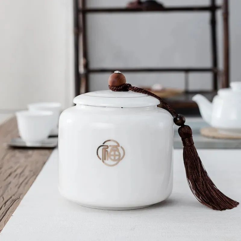 

Exquisite White Porcelain Tea Caddy Modern Simple Coffee Can Solid Color Candy Storage Box Spice Jar Moisture-Proof Sealed Tank