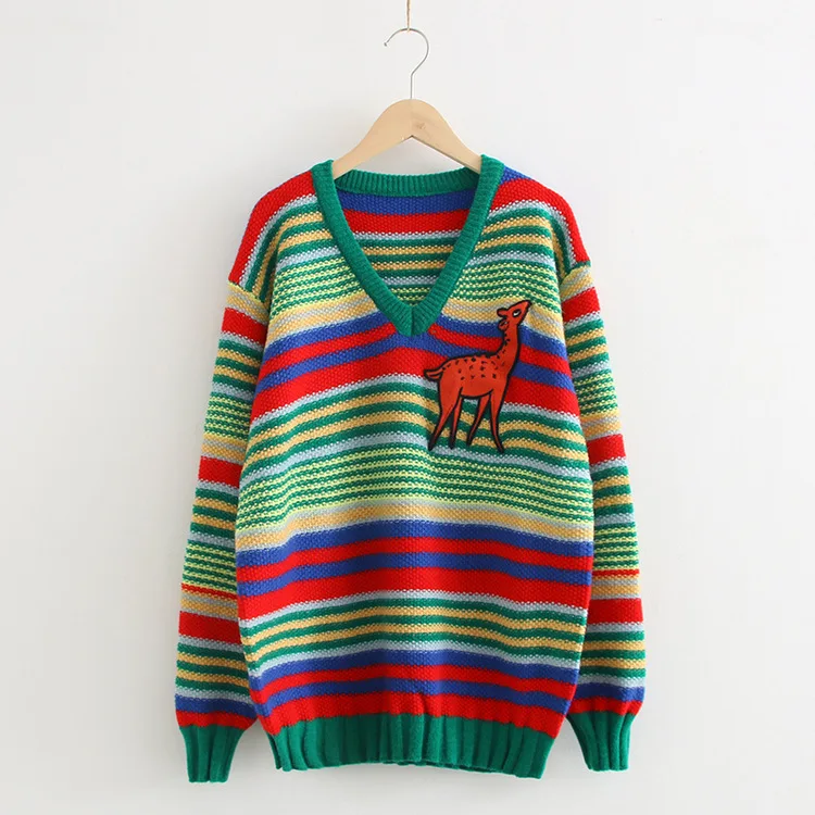 Autumn Lazy-Style Loose-Fit Sweater Women's Mixed Colors Stripes Embroidered Deer V-neck Knit Mid-length Sweater S28596
Autumn Lazy-Style Loose-Fit Sweater Women's Mixed Colors Stripes Embroidered Deer V-neck Knit Mid-length Sweater S28596