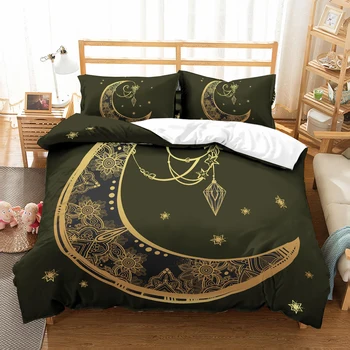 

Golden Moon Stars Bohemia Bedding Set Bedroom Decor Black Background 100% Microfiber Soft 1PC Duvet Cover with Pillowcases