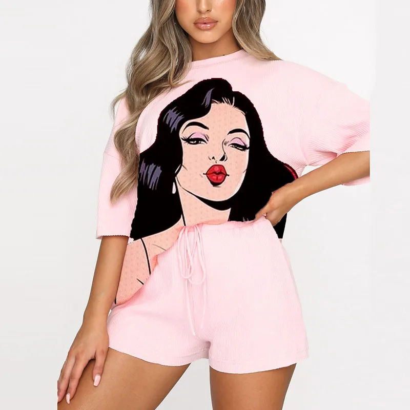 Streetwear Outfit Harajuku Women Cartoon Shirt Short Sleeve Chic Print Plus Sweatpants Set JKP4728