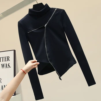 2020 Spring Summer New Turtle-Neck T-shirt Womans Irregular Edge Black Slim Zipper T-shirts Women's Long-Sleeve Tshirt Basic Top