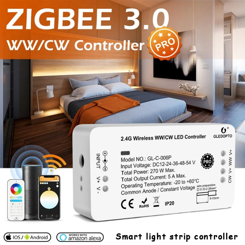 GLEDOPTO ZigBee 3.0 Pro WW/CW LED Strip Controller Work with Alexa Echo Plus SmartThings RF Remote Smart APP Voice Control
GLEDOPTO ZigBee 3.0 Pro WW/CW LED Strip Controller Work with Alexa Echo Plus SmartThings RF Remote Smart APP Voice Control