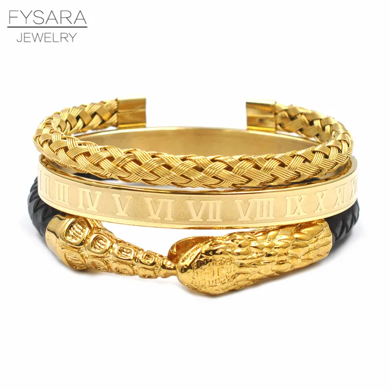3pcs/set Punk Snake Head Leather Roman Bangles Set Stainless Steel Cable Wire Weave Cuff Bracelets For Men Jeweley | Украшения и