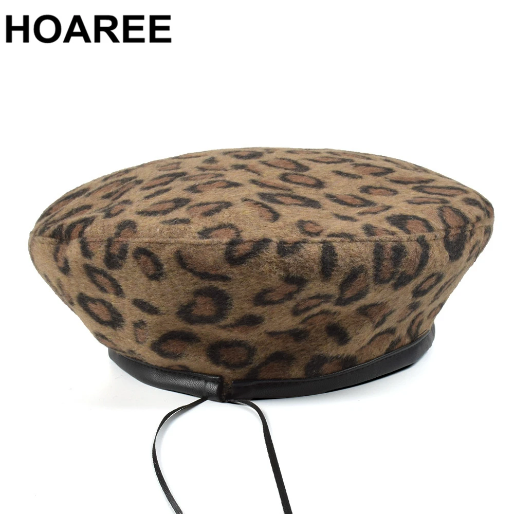 HOAREE леопардовые береты с принтом Женская осенне зимняя шапка шерстяная