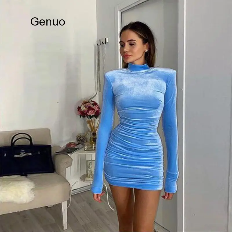 

Sexy Bodycon Velvet Mini Dress Women Autumn Long Sleeve High Neck Party Dresses Female Velvet Sheath Dress Robes Vestido