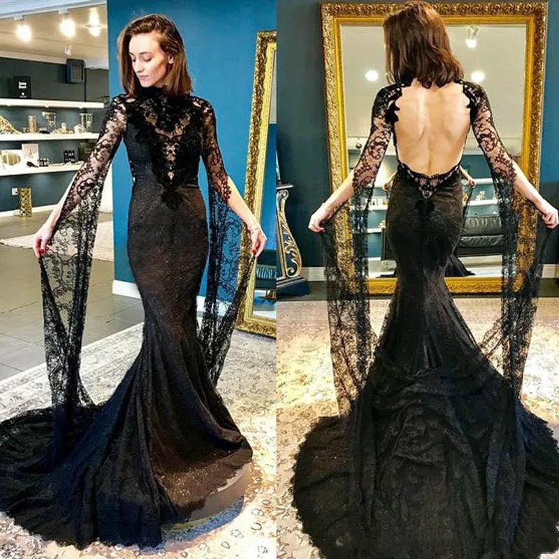 Gothic Black Lace Mermaid Wedding Dress Crystals Beads Vintage Long Sleeve High Neck Backless Hollywood Masquerade Bride Dresses
Gothic Black Lace Mermaid Wedding Dress Crystals Beads Vintage Long Sleeve High Neck Backless Hollywood Masquerade Bride Dresses