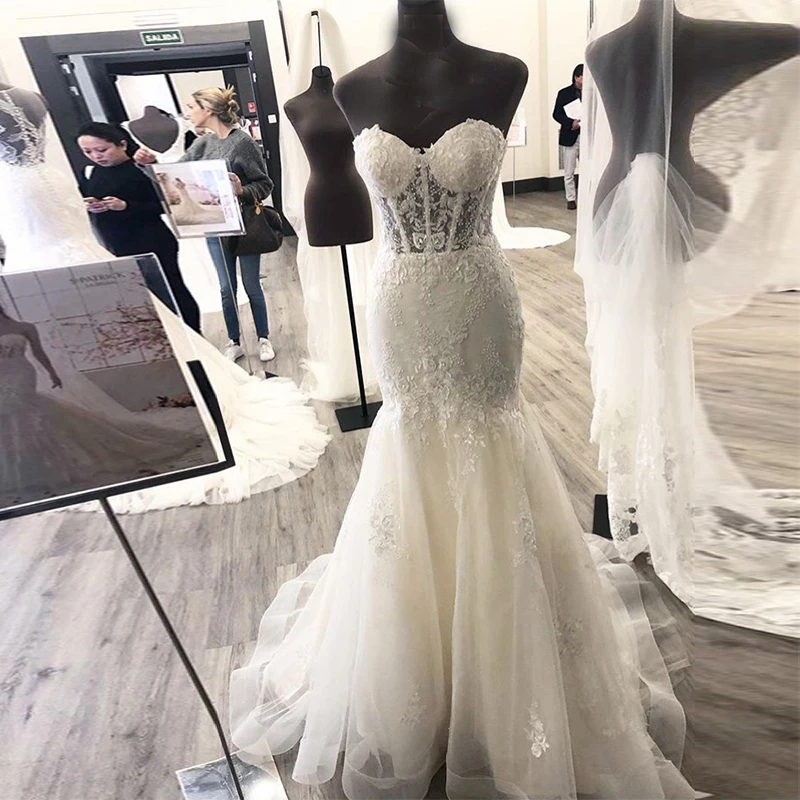 

New Arrival Illusion Wedding Dress Sweetheart Mermaid Style Bridal Dresses Appliques White Ivory Elegant Vestido De Noiva 2019