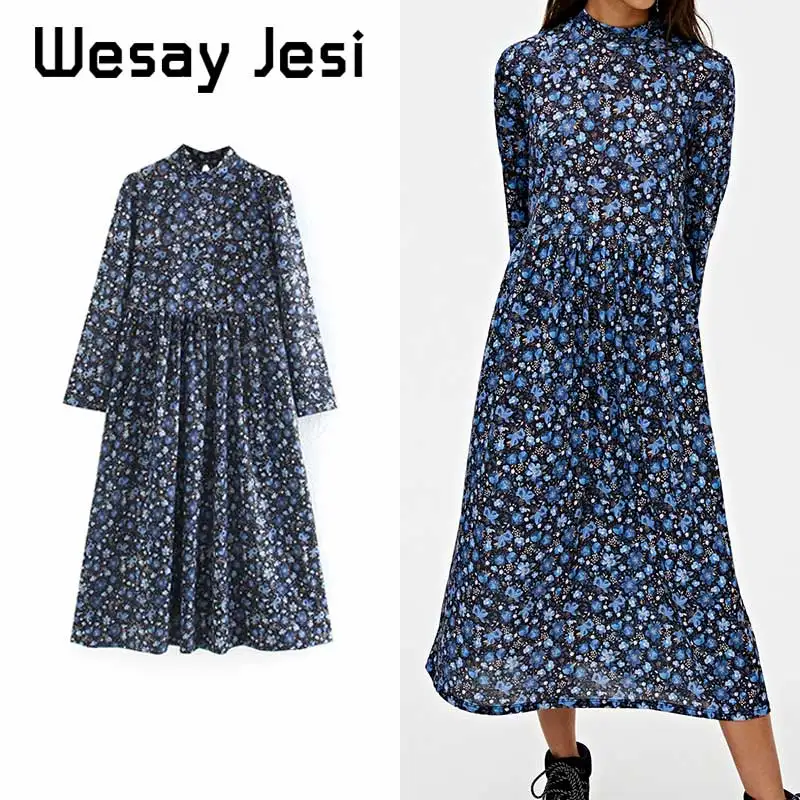 

Party Dress Women Bohemia Floral Print Dress Lady Sexy Long Sleeve vestidos de fiesta de noche A-line mid-calf Autumn Dress