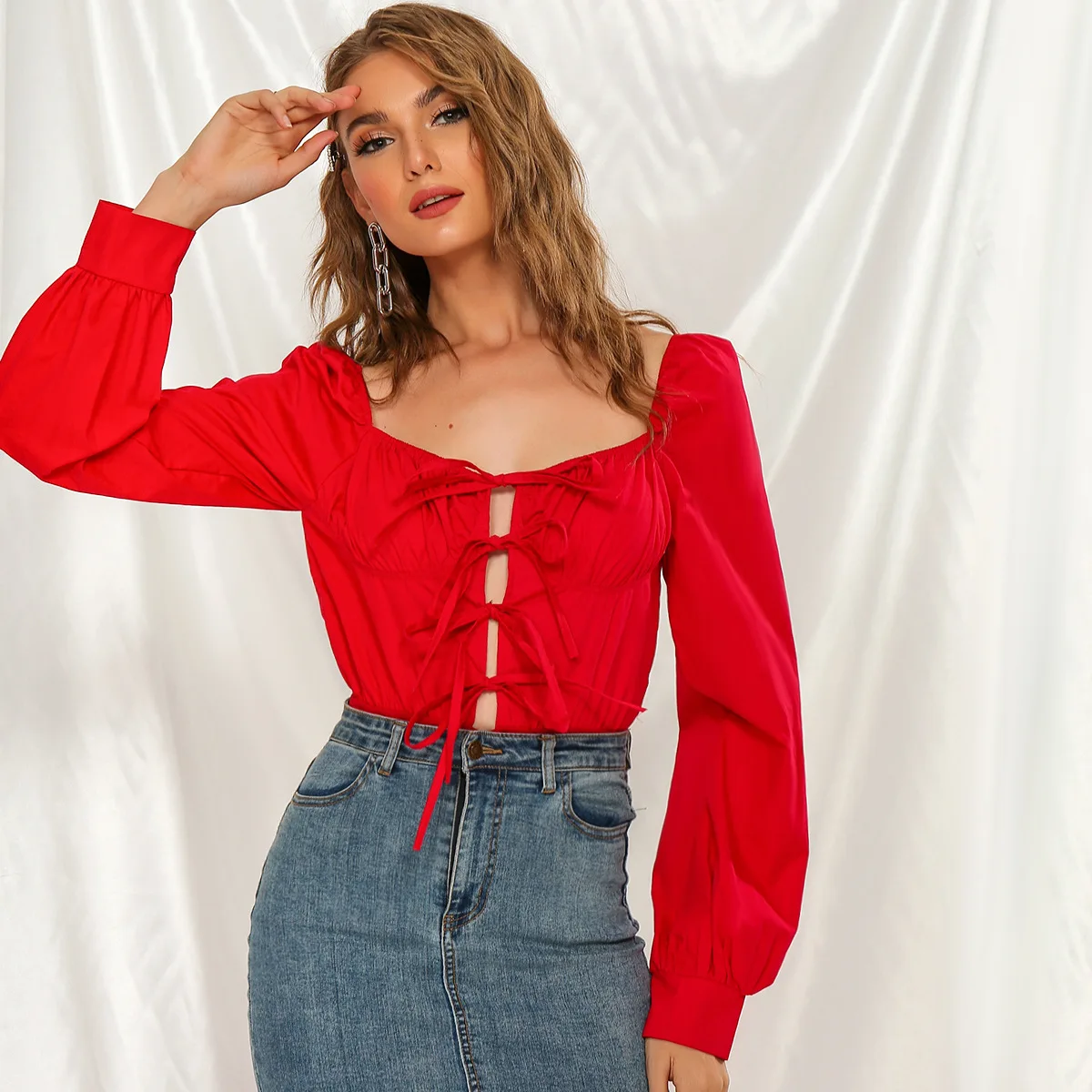 Solid Color Bow Tie Square Collar Long Sleeve Slim Bodysuit Spring 2020 Ladies Triangle Jumpsuit
Solid Color Bow Tie Square Collar Long Sleeve Slim Bodysuit Spring 2020 Ladies Triangle Jumpsuit
