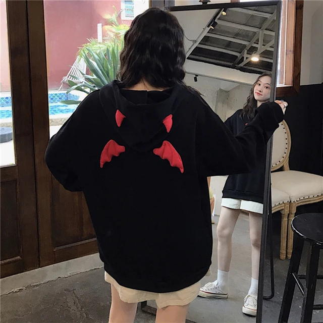 Girl Little Devil Horns Cosplay Sweatshirts Gothic Hooded Demon Fly Wings Pocket Tops Loose Pullovers Harajuku Hoodies Gift |