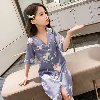 Summer Girls Sleepwear Cardigan Nightdress Long Pajamas 5 7 8 9 10 11 12 Years Girl Cartoon Smooth Satin Button Girls Nightgowns
Summer Girls Sleepwear Cardigan Nightdress Long Pajamas 5 7 8 9 10 11 12 Years Girl Cartoon Smooth Satin Button Girls Nightgowns