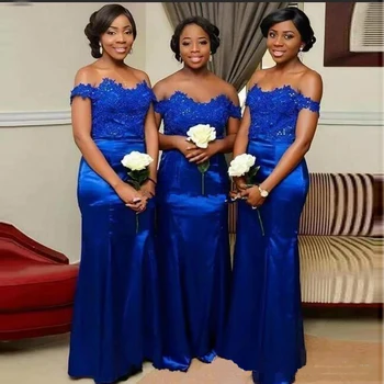 2019 Summer Royal Blue Bridesmaid Dresses Lace Appliques Off The Shoulder Boat Neck Sheath Bridal Guest Long Gowns 
2019 Summer Royal Blue Bridesmaid Dresses Lace Appliques Off The Shoulder Boat Neck Sheath Bridal Guest Long Gowns