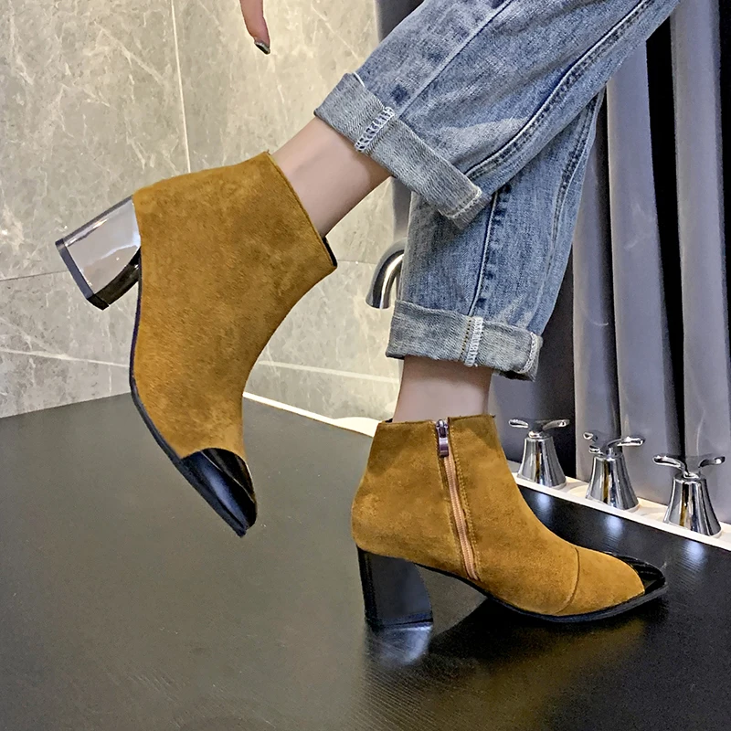 2019 Spring Autumn Stiletto Thick High Heels Pointed Toe Faux Leather Zipper Style Sexy Ankle Womens Flock Boots Bota Feminina
2019 Spring Autumn Stiletto Thick High Heels Pointed Toe Faux Leather Zipper Style Sexy Ankle Womens Flock Boots Bota Feminina